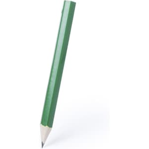 A green pencil with a sharpened tip, featuring a glossy finish and a branding logo.