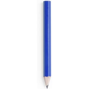 A blue grey-lead pencil with a sharpened tip and a solid colour body. Features a logo at one end.