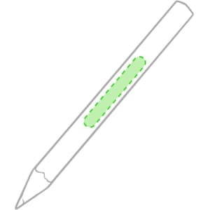 A grey-lead pencil with a white body and a green grip section. It features a logo on the side.