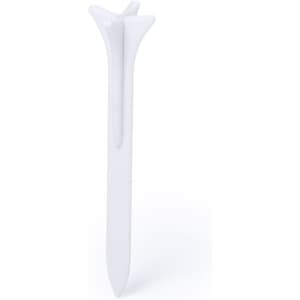 A white golf tee with a unique design, featuring a tapered top for enhanced ball support.