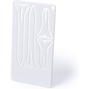 A white card featuring multiple golf tee designs in various shapes. The card has a branding logo.