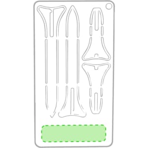A set of green golf tees arranged on a white card with a branded logo.
