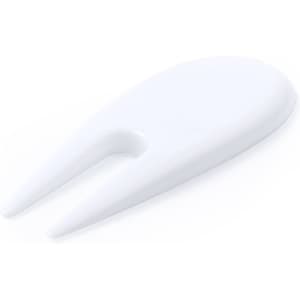 A white golf divot tool with a forked end, designed for marking golf balls. It has a smooth, streamlined shape and a logo.
