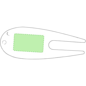 A green ball marker shaped like a divot tool with an outlined rectangle for personalisation. It has a logo.
