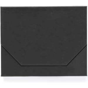 A black rectangular box with a flap closure, featuring a simple and sleek design.