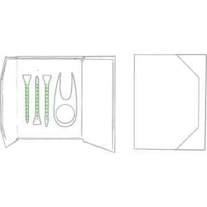 A golf accessory set featuring a green-striped tee, plain tees, a divot tool, and a packaging holder, all in white.