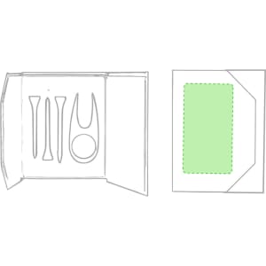 A golf accessory set featuring wooden tees, a divot tool, and a storage case, all in a neutral colour scheme.