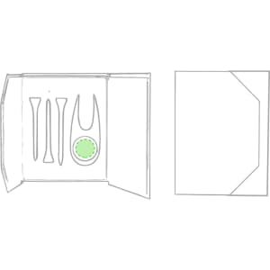 A golf set featuring three tees and a divot repair tool, all presented in a compact, open case. The case includes a logo.