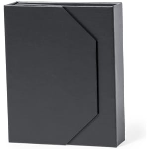 A black presentation folder with a geometric cutout design and a sleek, modern look. It includes branding.