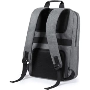 A grey backpack with black straps and a textured panel, featuring a minimalist design and a logo.