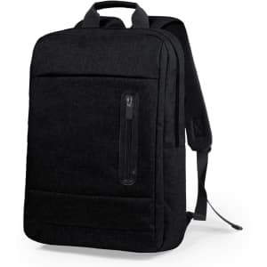 A black backpack featuring a front zip pocket and adjustable straps. It has a minimalist design and includes a logo.