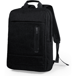A black backpack with a zippered front pocket and adjustable straps. It features a logo on the side.