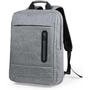 A grey backpack featuring multiple compartments and a sleek design, with a logo on the front.