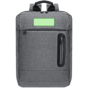 A grey backpack featuring a front pocket and a side zip compartment, with a logo on the front.