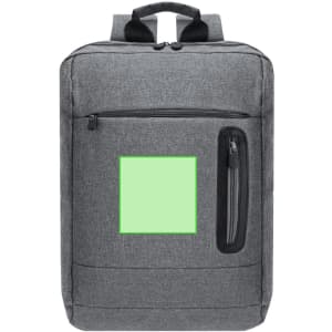 A grey backpack with a front pocket and a green square area, featuring a zipper and dual shoulder straps.