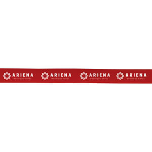 A red polyester hatband featuring a repeating logo pattern.