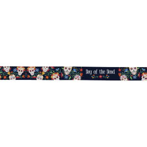 A polyester hatband featuring a Day of the Dead design with colourful skulls and floral patterns on a navy background.