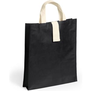 A black foldable bag with cream handles, featuring a simple design and a logo on the front.