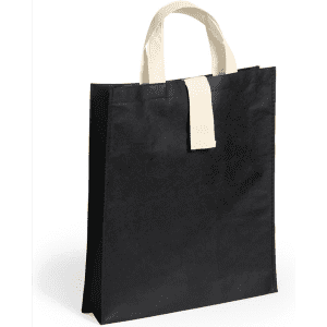 A black foldable bag with cream handles, featuring a simple design and a branding logo.