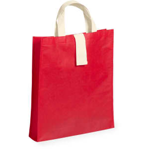 A red foldable bag with cream handles and a simple design, featuring a logo on the front.