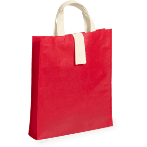 A red foldable bag with light-coloured handles and a logo. Ideal for various carrying needs.