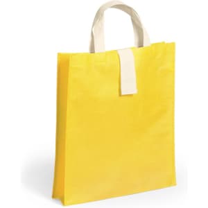 A bright yellow foldable bag with a cream handle and a simple design. It features a logo on one side.