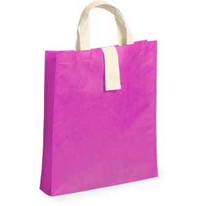 A pink foldable bag with cream handles and a simple design. The bag has a logo on it.