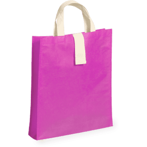 A foldable bag in vibrant pink with cream handles, featuring a logo on the front.