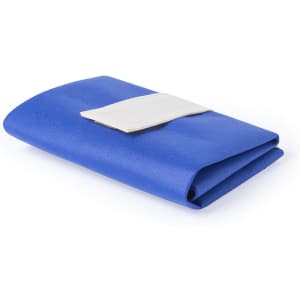A foldable bag in vibrant blue, neatly folded and secured with a white strap. The bag features a logo.