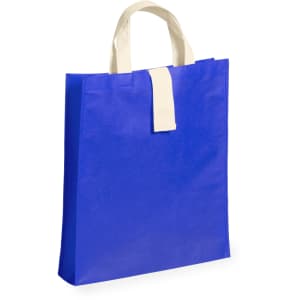 A blue foldable bag with cream handles, featuring a simple design and a logo on the front.