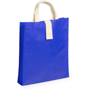 A blue foldable bag with cream-coloured handles, featuring a simple design and no visible branding.