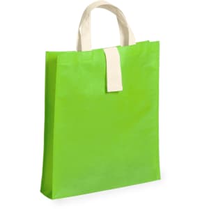 A bright green foldable bag with cream handles and a simple design. It features a logo on the front.