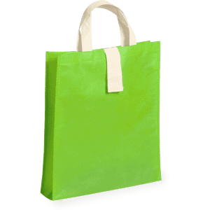 A bright green foldable bag with natural-coloured handles and a simple design, featuring a branding logo.