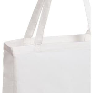 A white tote bag with sturdy handles and a simple design, featuring branding.