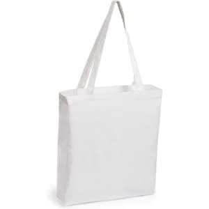 A white tote bag with two shoulder straps and a simple design, featuring an unmarked surface.