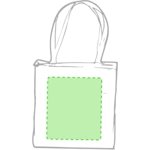 A white tote bag with green accents and a rectangular area for customisation. It features two handles.