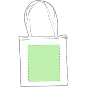 A white tote bag with two handles and a blank green rectangular area for potential customisation.