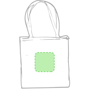 A white tote bag with two handles featuring a green square outline on the front. It has a logo.