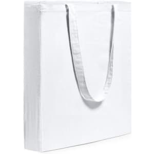 A white tote bag with long handles and a simple design, featuring a logo on one side.