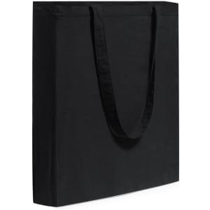 A black tote bag with two shoulder straps and a square shape, featuring a simple design and a logo.