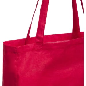 A red tote bag with long handles and a simple design. It features a logo on the side.