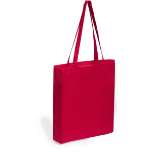 A red tote bag with long handles and a plain design. It has a logo on one side.