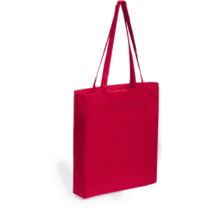 A red tote bag with two shoulder straps and a simple, square design. It features a branding logo.