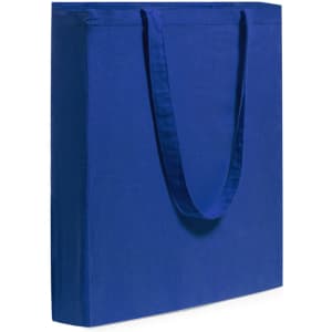 A blue tote bag with a square shape and dual handles. The bag features a logo on one side.
