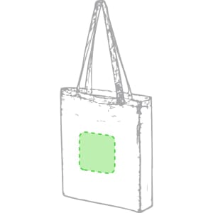 A tote bag in a light colour with a green logo area, featuring two long handles for easy carrying.