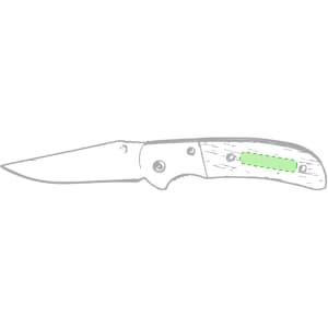 A pocket knife with a silver blade and a wooden handle featuring a green accent. The knife has a logo on it.