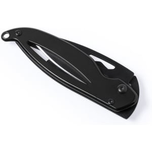 A black pocket knife with a sleek design, featuring a folding blade and a small attachment for keyrings.