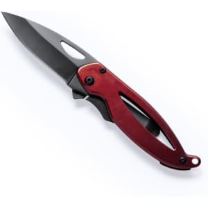 A sleek red and black pocket knife with a folding blade and ergonomic handle. Features a logo on the handle.