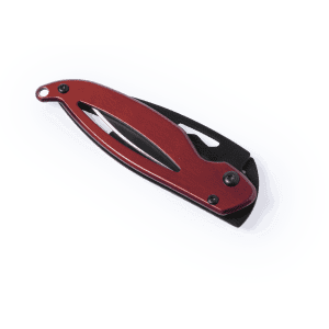 A red pocket knife with a folding design, featuring a silver blade and black detailing. It includes a branding logo.