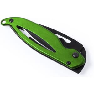 A green pocket knife featuring a sleek design with a chrome finish and a black blade. It includes a logo.